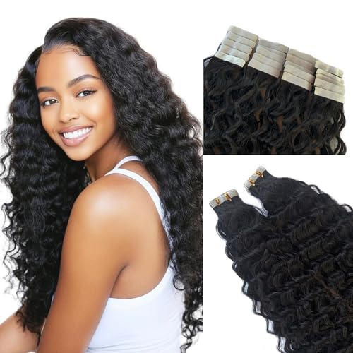 Water Wave Tape in Hair Extensions 100% Real Human Hair 20Inch Nature Black Loose Curly Tape in Extensions for Black Women 40PCS 100G/Set Skin Weft Adhesive #1B