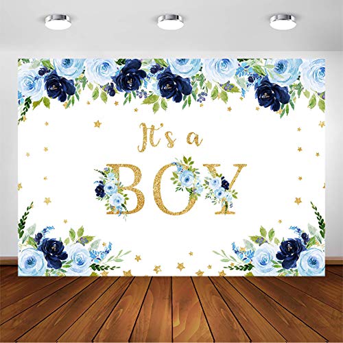 Avezano Backdrop for Boy's Party Decorations Photography Background Navy Blue Floral It's A Boy Baby Shower Party Photoshoot Backdrops (7x5ft)