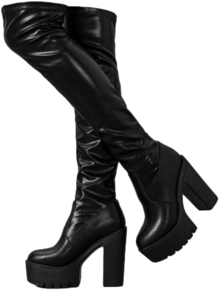Platform Thigh High Boots for Women Chunky Block Heels Over The Knee Boots Stretch Go-Go Boot Party Boots