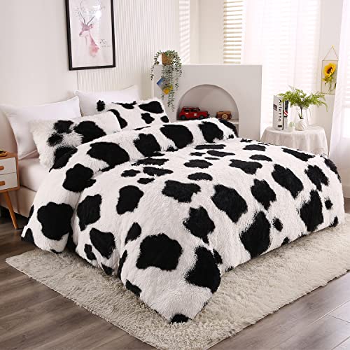 Luxury Fluffy Plush Shaggy Duvet Cover Set For Kids Adults, King Size Black White Cow Themed Flannel Velvet Quilt Bedspread Cover Set With 2 Fuzzy Faux Fur Pillowcases - 102" X 90"(Black White, King) #TOP2