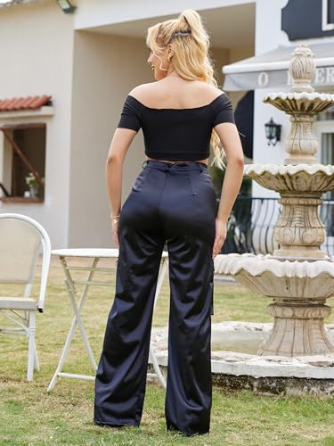 Womens High Waisted Satin Cargo Pants Loose Fit Wide Leg Trousers with Pockets Trendy Outfit4