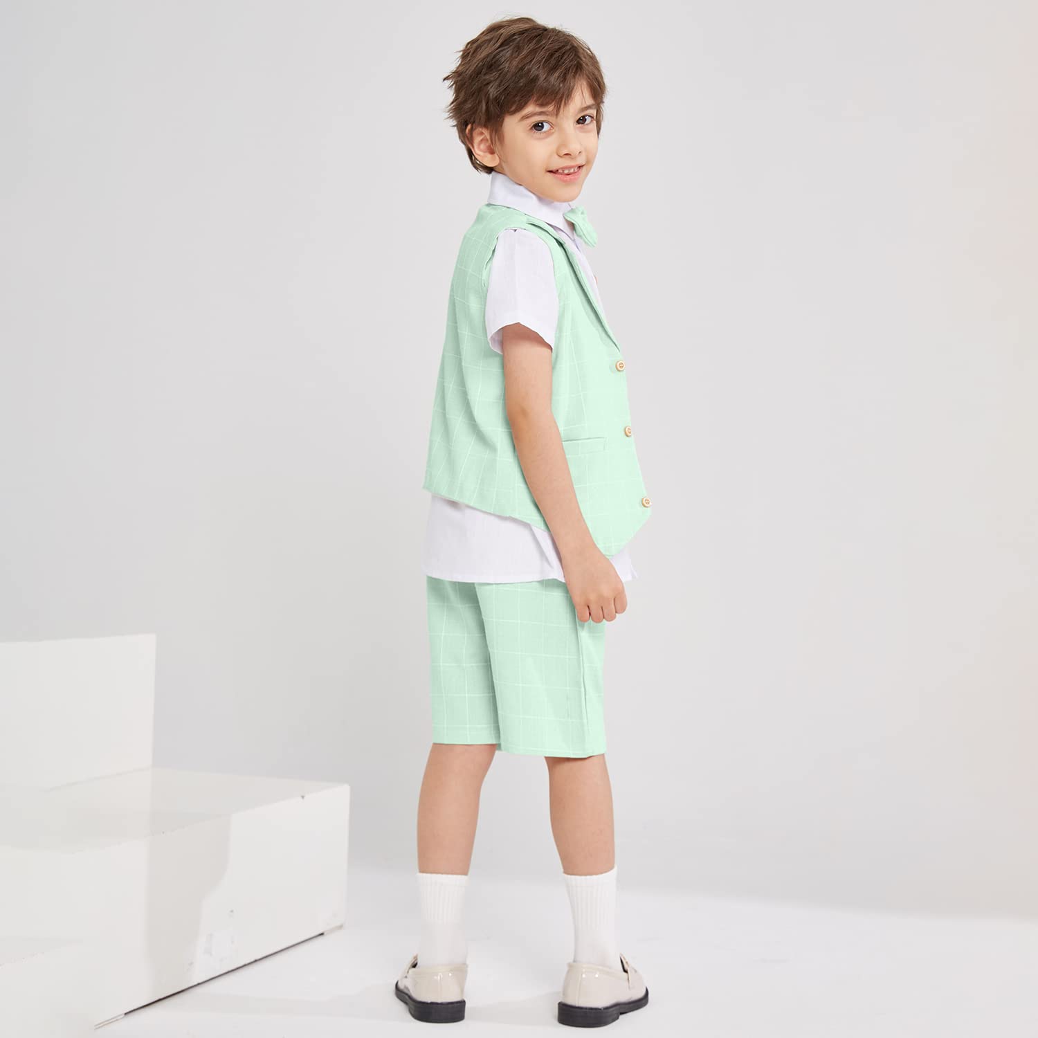 LOLANTA 4PZ Completo Cerimonia Bambino, Abito Bimbo Estivo con Gilet Pantalone Camicia e Papillon per 2-12 Anni