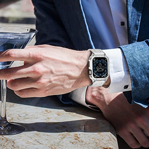 Image of MioHHR Stainless Steel Band and Case Compatible with Apple Watch 38 /40 /41mm | Men Metal Protective Bumper Cover with Straps for iWatch Series 9 8 7 6 5 4 3 2 1, SE3, SE2, SE, Silver Pattern