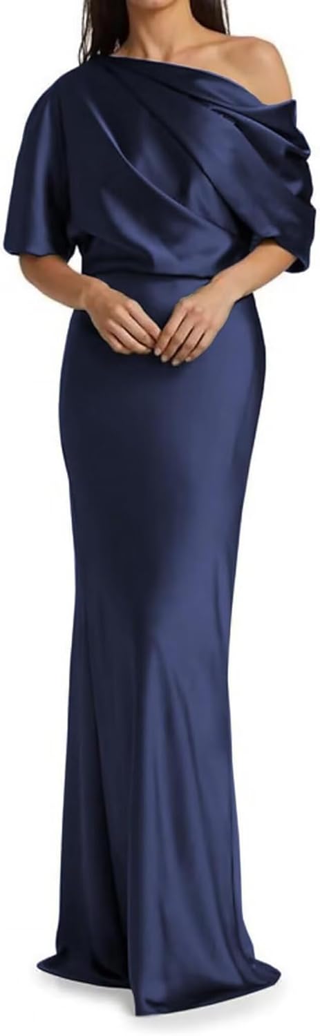 Mermaid Satin Mother of The Bride Dresses for Women Ruched One Shoulder Formal Evening Gowns