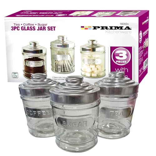 Pack Of 3 Glass Canisters Set - Coffee, Tea & Sugar See Through Canisters | Modern, Eye catching Design | Suitable For Kitchens & Homes | Food Storage & Organisers | Stainless Steel Lids