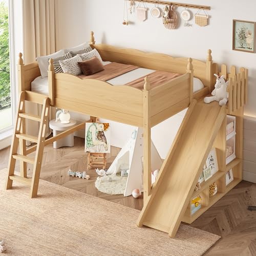 Image of Full Size Loft Bed with Storage Shelves, Cabinet & Detachable Slide and Ladders, Solid Wood Kids Loft Bed for Space-Saving, Playful & Organized Bedroom (Natural2, Full)