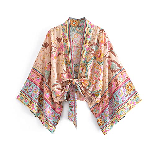 Kimono imprimé floral vintage avec manches chauve-souris amples et col en V