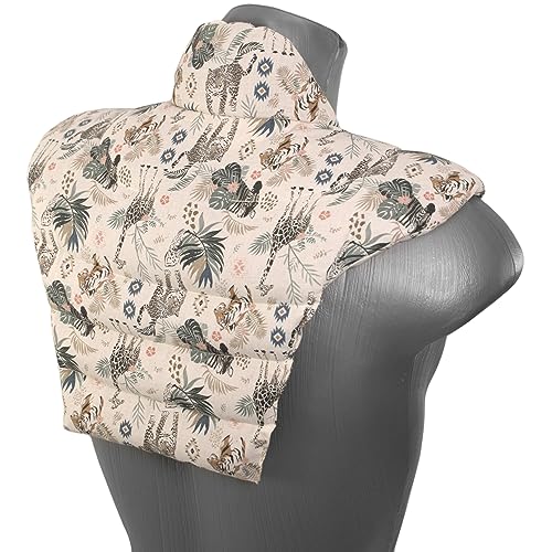 Cojín térmico para las vértebras cervicales – Cuello+hombros+espalda. Algodón biológico animales salvajes. Almohada térmica cervical con semillas de grosella. Saco caliente y frio. Cojín de nuca