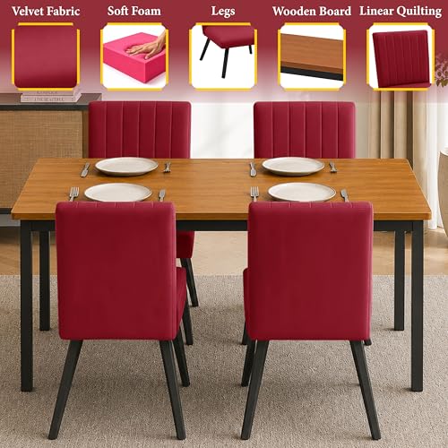 Image of Rosebell Set of 4 Dining Table Chairs with Wooden Top Table, Upholstered Cushioned Chairs, Modern Compact Dining Set for Home, Kitchen & Dining Room (Red)