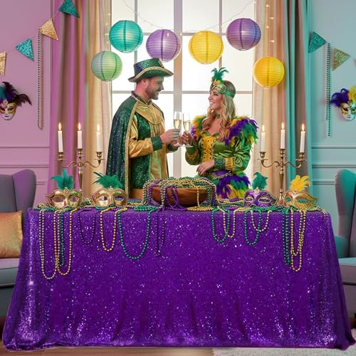Image of B-COOL Purple Sequin Tablecloth Decorations: Sparkly Mermaid Tablecloths 50x80 Inch Halloween Glitter Table Overlay Bridal Shower Carnival Rectangular Tablecloths