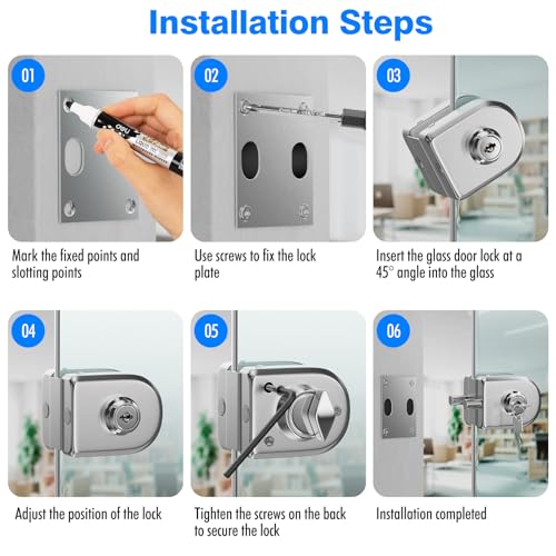 Ranbo Frameless Double-Sided Glass Door Lock,Clamp-On No-Drill,304 Stainless Steel,for 3/8"–1/2" (10–12 mm) Swing Door, for Office, Entrance, Storefront, 2 Keys, Brushed Nickel by Ranbo - Image 6