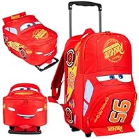 Disney Cars Backpack for Kids, 2-in-1 Lightning McQueen Trolley Bag for School & Travel, Compact Small Suitcase with Wheels (Red Lightning Mcqueen)