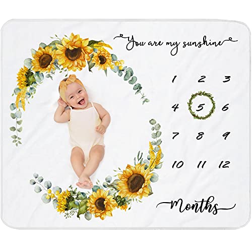 Fundich Baby Milestone Blanket For Baby Girl|Newborn Monthly Milestone Picture Blanket|Sunflower Nursery Decor|Baby Girl Photo Background Prop Blanket 45"X40" With Wreath And Headband #TOP3