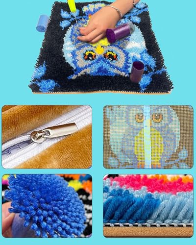 Image of Puzamen Latch Hook Pillow Kits for Adults 17 * 17IN Latch Hook Kit | 43*43cm Pillow Cover Making Kit Crochet Craft with Pre-Printed Canvas & Precut Yarn and 2 Hook Tools for Christmas Gift