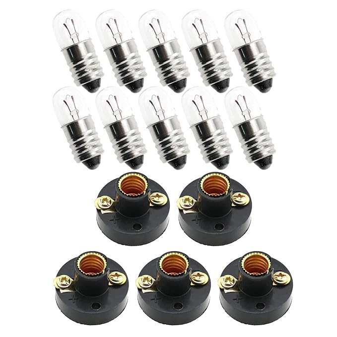 Croptronia Pack of 10 Pcs Student Experiment Lighting DIY Accessories 6.3V 0.15A Screw Mini Bulb and 5PCS E10 Mini Black Plastic Pure Brass Screw Type Bulb Holders Lamp Bases