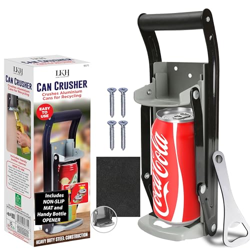 LKH - Trituradora de latas y abridor de botellas de 16 onzas/500 ml, resistente 2 en 1, trituradora de latas de cerveza para reciclaje, montada en la pared, trituradora manual de estaño con abridor de