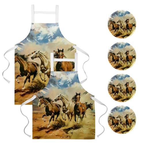 Lot de 2 tabliers aquarelle chevaux au galop pour cuisine