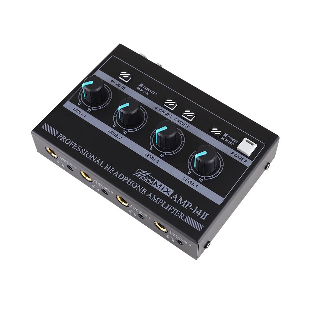 Amplificateur de casque à 4 canaux – Commutateur mono/stéréo avec sortie TRS 6,35 mm et 0,3 cm, 7 couleurs RVB LED en métal pour studio de musique, jeux, enregistrement – 3 ports d'entrée (noir