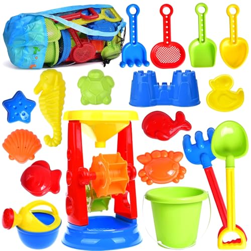 Beach Toys, 19 Piece Sand Toys Set Kids Sandbox Toys Includes Water Wheel Beach Tool Kit Bucket Watering Can Molds with Mesh Bag for Kids Ages 3-13