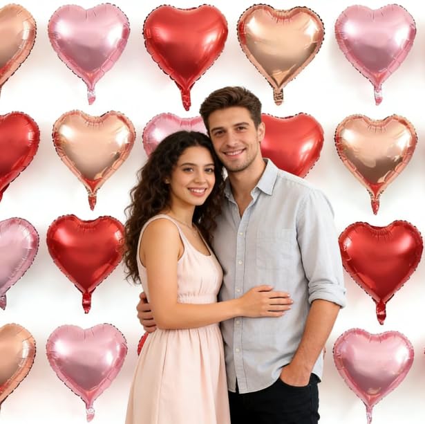 Image of Rose Gold & Pink Heart Balloons - 10 Pcs 18 Inch Foil Heart Shaped Balloons for Girls Women - Red Light - Valentines Day, Birthday, Wedding, Baby Shower, Bridal Party Decorations