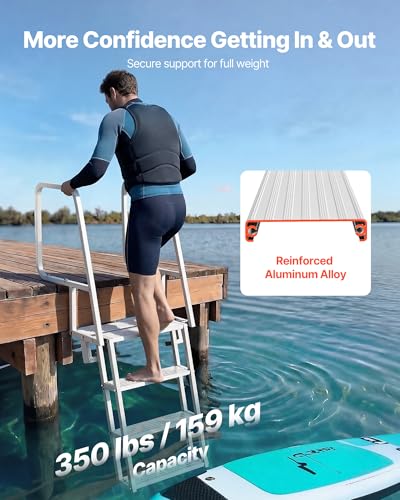 Image of VEVOR Flip-Up Dock Ladder, 4-Step, Heavy-Duty Aluminum Alloy Pontoon Boat Swim Ladder, with Non-Slip Wide Steps, 350 lbs Weight Capacity, Pull Rope Assist, Comfort Use for Lake Pool Marine Boarding