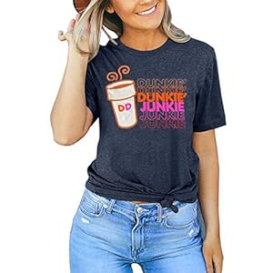 Dunkie-Junkie-Coffee-T-Shirt-Women-Funny-Letter-Print-Casual-Short-Sleeve-Tee-Tops Coffee Shirts for Women Cute Coffee Lover Graphic T-Shirt Funny Letter Print Casual Short Sleeve Tee Tops(Medium,Blue)
