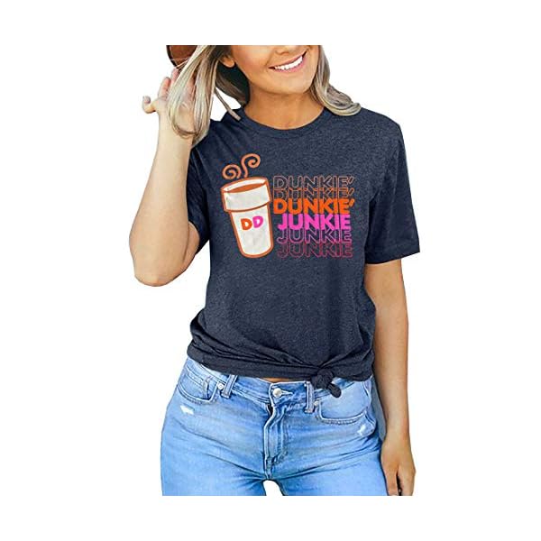 Dunkie-Junkie-Coffee-T-Shirt-Women-Funny-Letter-Print-Casual-Short-Sleeve-Tee-Tops Coffee Shirts for Women Cute Coffee Lover Graphic T-Shirt Funny Letter Print Casual Short Sleeve Tee Tops(Medium,Blue)