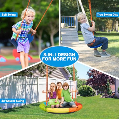 Image of GIKPAL Swing Sets for Backyard, 3 Seats with Saucer, Belt and Disc Swing | 32 inch saucer, 26 inch belt seat, tree disc swing let up to three kids play; 124.4 inch wide frame is best for larger, level yards.