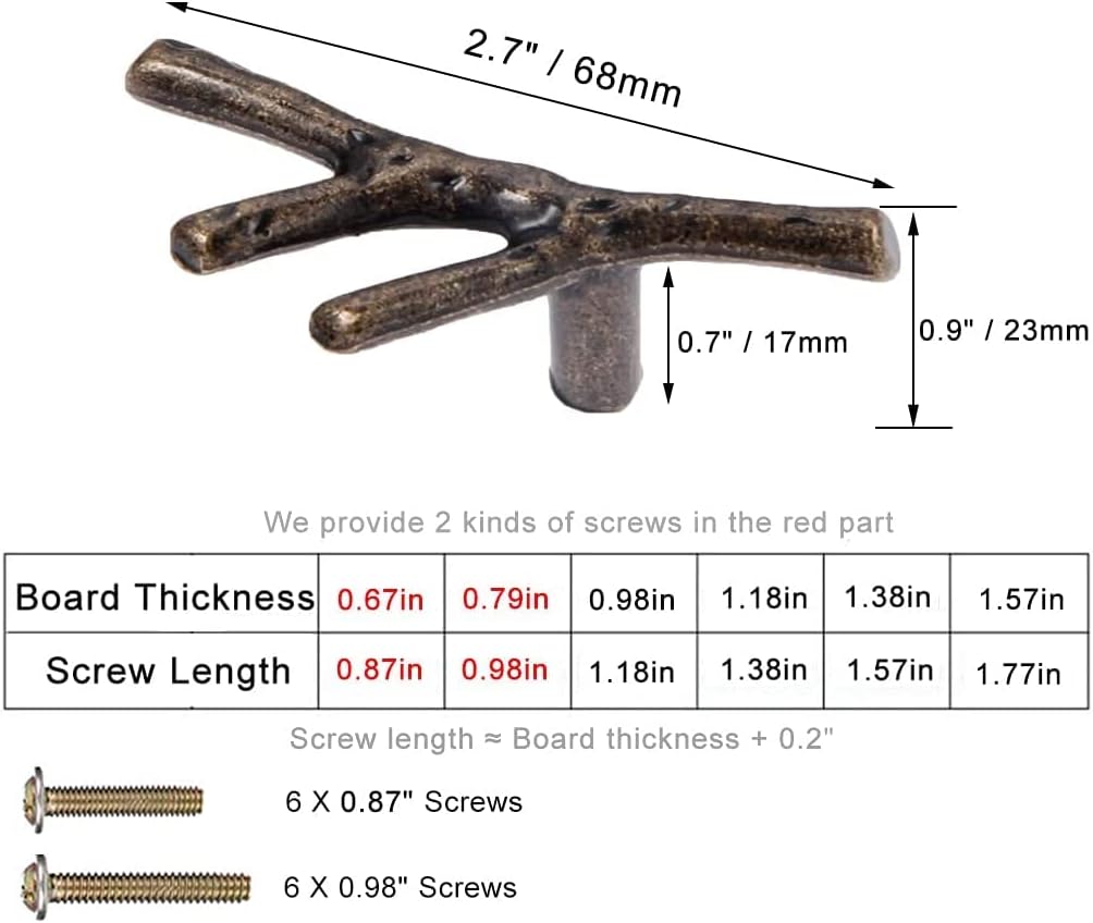Branch Knob 6pcs Bronze Vintage Tree Twig Branch Cabinet Knobs Pull Handles with 2 Sizes Screws,Zinc Alloy Drawer Handle for Mountain House Kitchen Cupboard (Single Hole, Bronze)