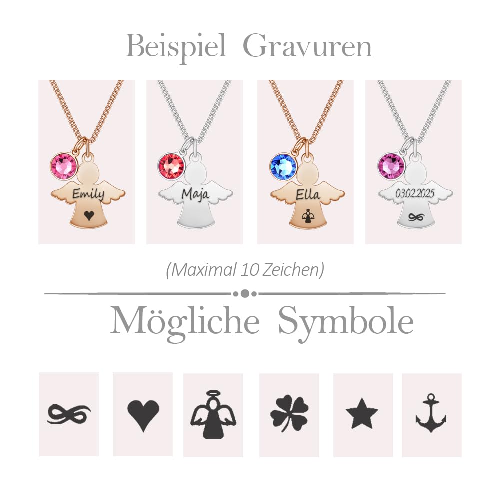 Personalisierte Kette mit Schutzengel und Geburtsstein in Silber und Rosegold | Taufgeschenke für Mädchen zu Kommunion Konfirmation Einschulung | Namenskette Personalisiert mit Gravur