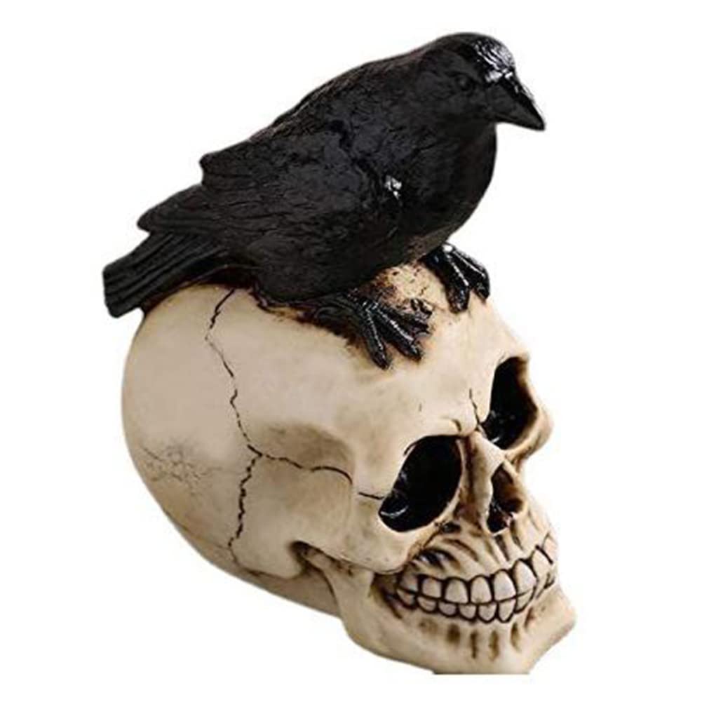 CNAFGBGG Halloween Perched Raven On Skull Resin Crow Skeleton Figurine Skull Statue for Decor..