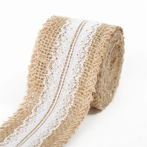 Telas Para Costura Cinta de arpillera de Yute Natural de 1-10 metros con adorno de encaje blanco, lino artesanal for embalaje de decoración del hogar de boda DIY(N0.25 Width 5cm,5Meters)