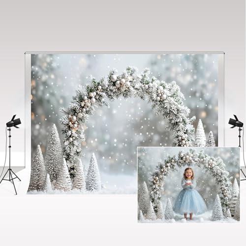 Kate Photographie Fond 2.2x1.5m/7x5ft Hiver Blanc Noël Neige Vert Arche Bokeh Néon Noël Toile de Fond Enfants Anniversaire Famille Portrait Photo Fond