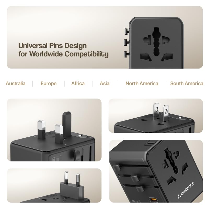 Image of Ambrane 70W Universal Charger Adapter, 3 Type C, 2 USB Ports, Macbooks & Other Type C Laptop Charging, Fast Charging iPhone & All Mobiles, International Worldwide Travel Adapter (ATA-05,Black)