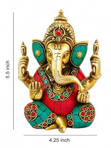 Image of Brass Ganesha Idol 5.5-Inch - Premium Ganpati Statue with Multicolour Stone Inlay for Health, Wealth, Prosperity and Home Decor