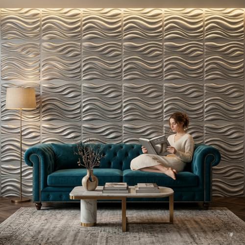 Image of Kayra Decor Luxury 3D PVC Wall Panels - Wave Pattern, Silver Finish | 19.7 inch x 19.7 inch | Pack of 12 | Covers 32.28 Sq. Ft. | Stylish Wall Cladding for Home & Office Interiors