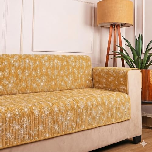 Image of STITCHNEST 'Opulence Series' Floral Woven Sofa Cover for 3 Seater | Premium Soft Fabric Sofa Protector | Yellow Floral Pattern with Armrest Pockets | Durable Living Room Furniture Cover