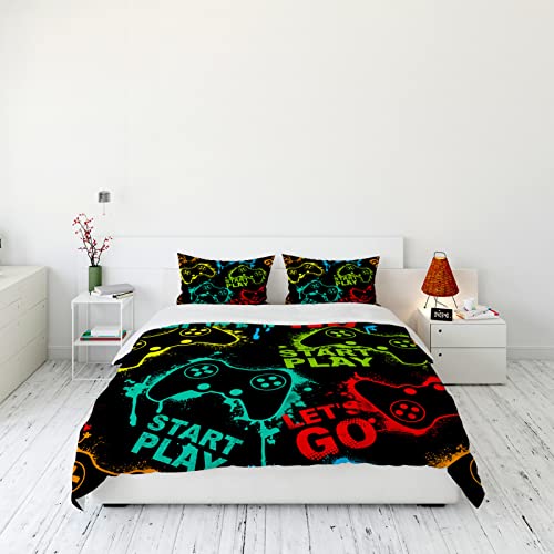 YUANZU Gamer Bedding Set Double for Kids Boys Teens Duvet Cover Set 3 Pieces Silhouette Gamepad Joystick Game Printed Soft Microfiber Quilt Cover with Zipper Closure (200 x 200 cm & 2Pillowcase) - Image 2