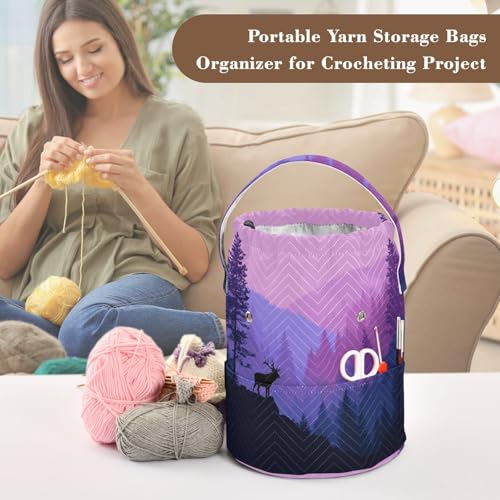 Image of ElliTarr Crochet Bag Yarn Bag with Handle Portable Knitting Project Bag Travel Yarn Storage Organizer Holder Case Purple Stag Forest Trees