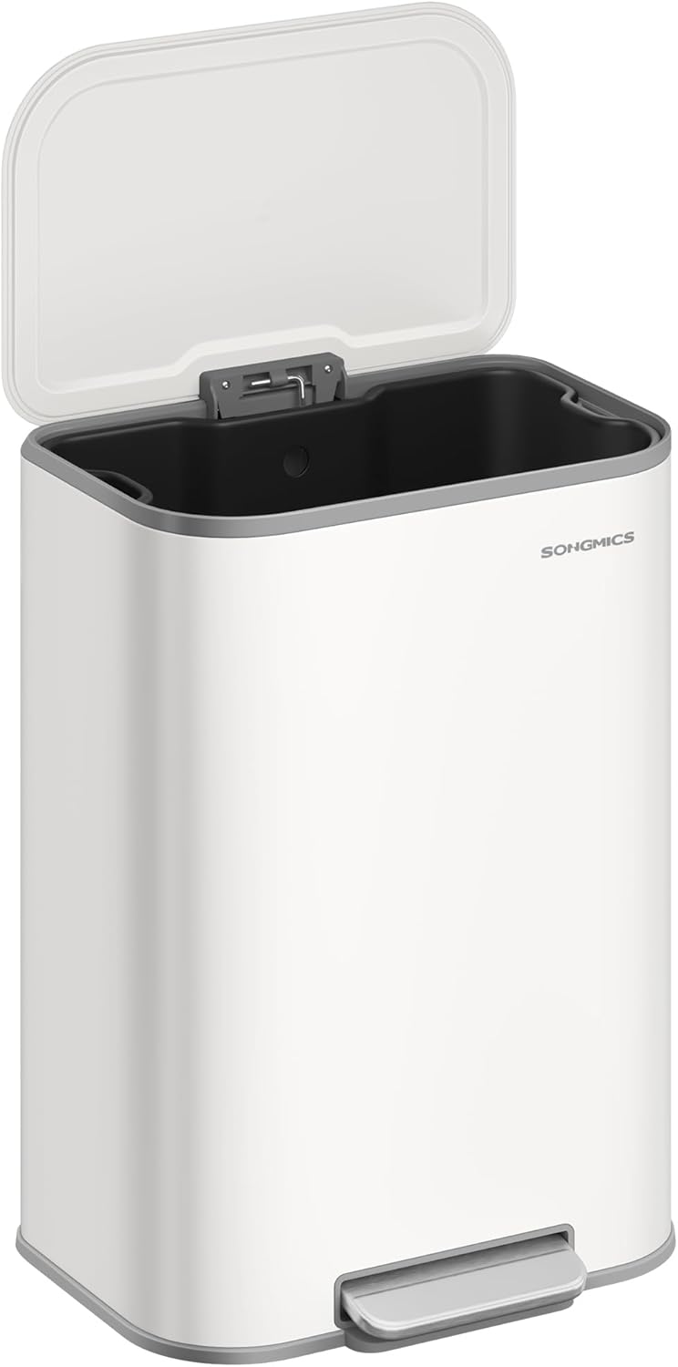 SONGMICS Kitchen Trash Can, 13-Gallon (50 L) Garbage Can with Lid, Stainless Steel, Soft Close and Stays Open, Inner Bucket, Wide Non-Slip Pedal, Ink Black ULTB547B01