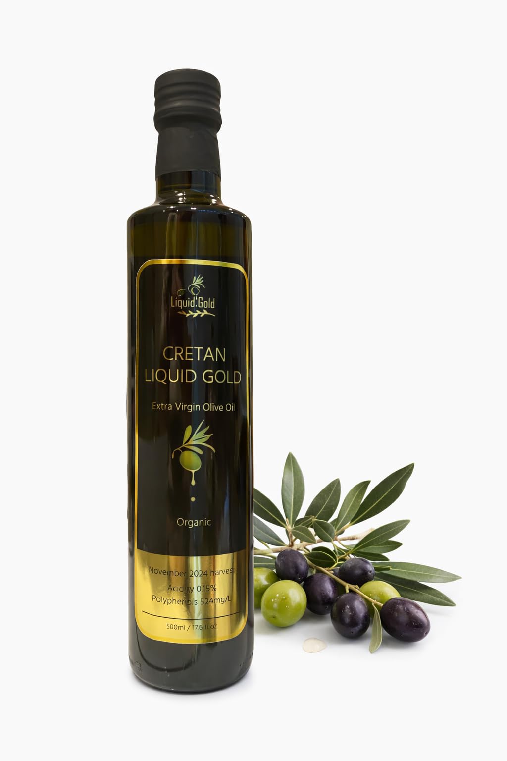 "Cretan Liquid Gold" Greek Organic Extra Virgin Olive Oil, Cold Pressed, High Polyphenols, November 2024 Harvest, Low Acidity 0.15%, 500ml