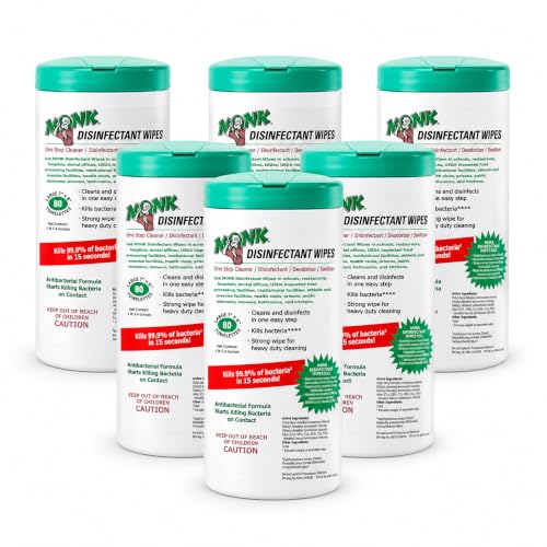 Image of Monk Surface Cleaning Wipes for Facilities, 80 Count Canisters, 6 Pack | Heavy Duty Cleaning Wipes - 3in1 Disinfectant, Deodorizer & Sanitizer Cleaning Supplies - All Purpose Cleaner for Home & Gym