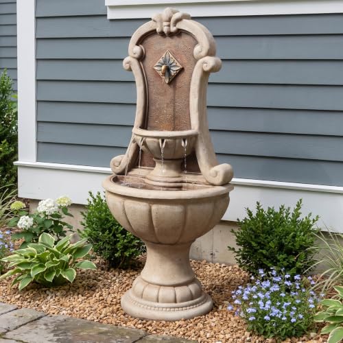 Image of Bumilgar Outdoor Wall Fountain with LED Lights, 48.82 inch H Freestanding Garden Water Fountain Sandstone Curved Scroll Resin, Large Floor Standing Patio European Resin Flat Back Yard