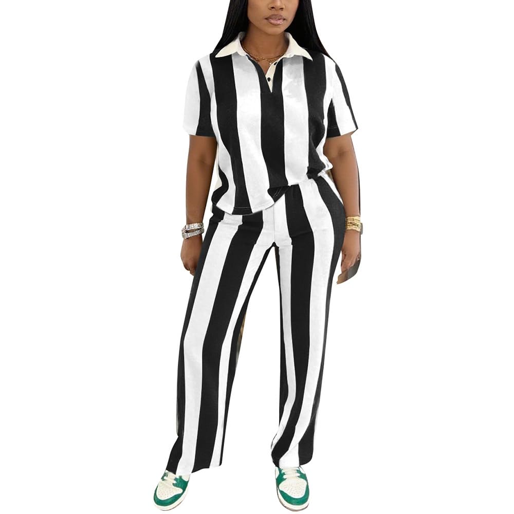 pinsv Women's 2 Piece Outfits Short Sleeve Polo Shirt Wide Leg Pants Tracksuit Lounge Sets-picture-24