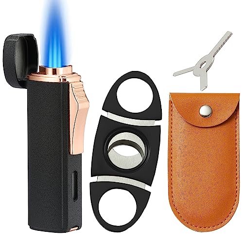 420 Carbon Steel and Torch Lighter Set Built-in Triple Jet Flame Butane Torch Lighter Refillable Windproof Gas Lighter Black. (Sold Without Gas)