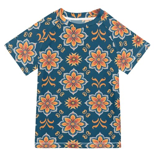 ALAZA Boys Swim Shirts Toddler Rash Guard Short Sleeve Rashguard European Floral Print UPF 50+ 11-12T