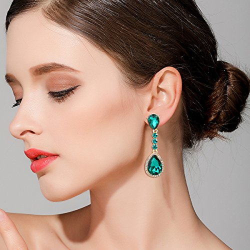 Brilove Wedding Bridal Clip-On Earrings For Women Crystal Teardrop Infinity Figure 8 Chandelier Dangle Earrings Emerald Color Gold-Toned #TOP1