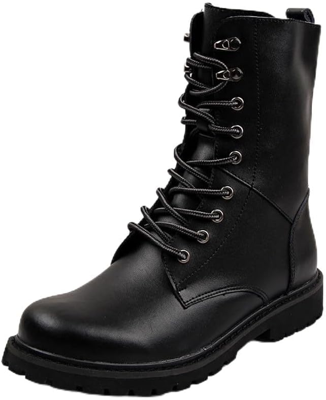 Santimon Men's Combat Boots Lace Up Mid Calf Work Boots Non Slip Lug Sole Outdoor Ankle Motorcycle Boot