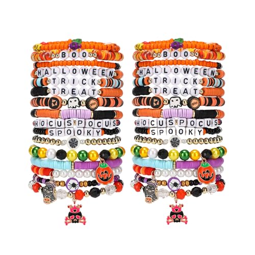 32pcs Halloween Bracelets Set Preppy Clay Stretch Charm Beads Stackable Bracelet Surfer Ghost Pumpkin Skull Spider Boo for Women Accessories Party Jewelry