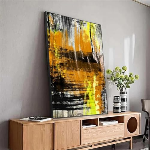 Toile art abstrait jaune noir orange 80x120 cm minimaliste style nordique sans cadre